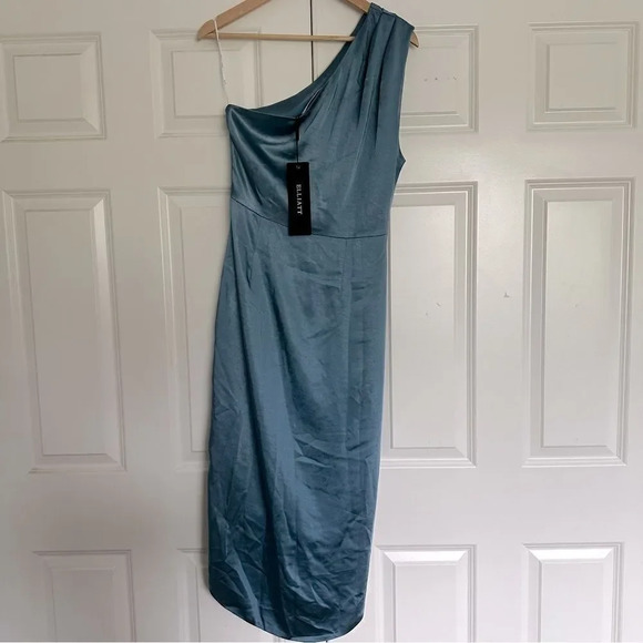 ELLIATT | Cassini Cadet Blue Satin One Shoulder Midi Dress Rouched | Size Large - Picture 6 of 8